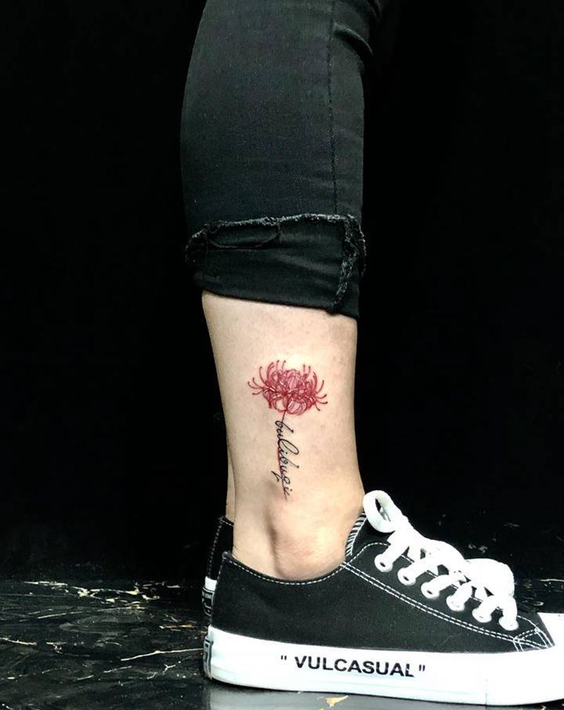 彼岸花花体英文纹身纹身图片_腿部手臂花体字纹身图案