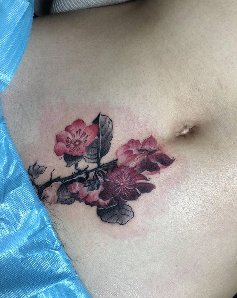 遮盖剖腹产疤痕纹身图片_腹部背部水墨纹身图案