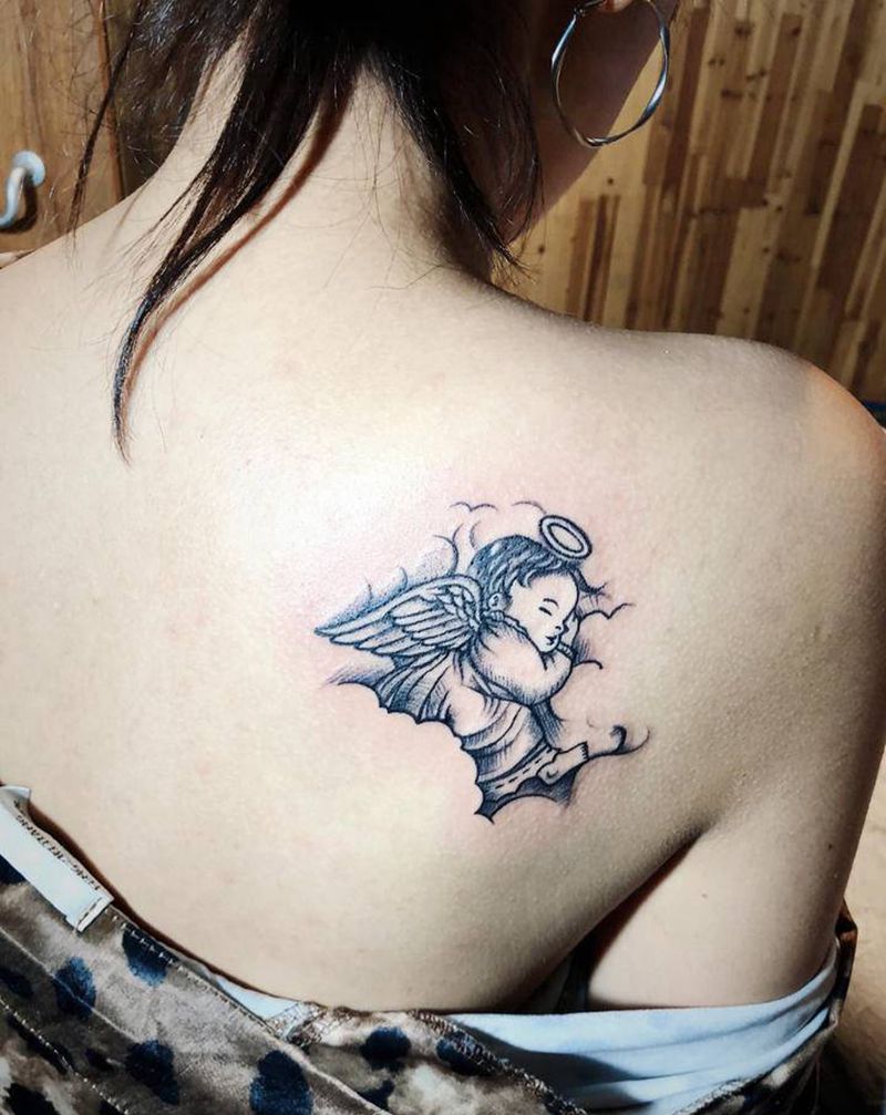 沉睡的天使纹身图片_背部手臂Old School纹身图案