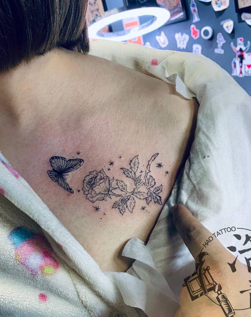 蝴蝶与画纹身图片_胸部清新纹身图案