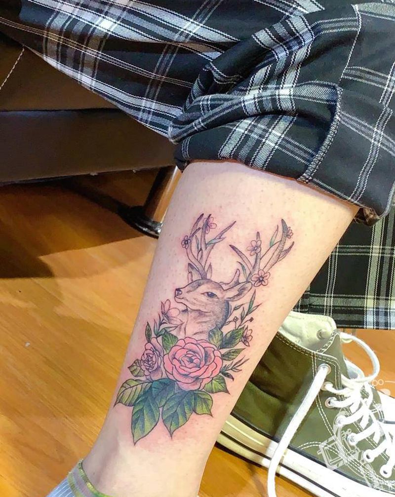 半永久遮盖纹身图片_腿部水彩纹身图案