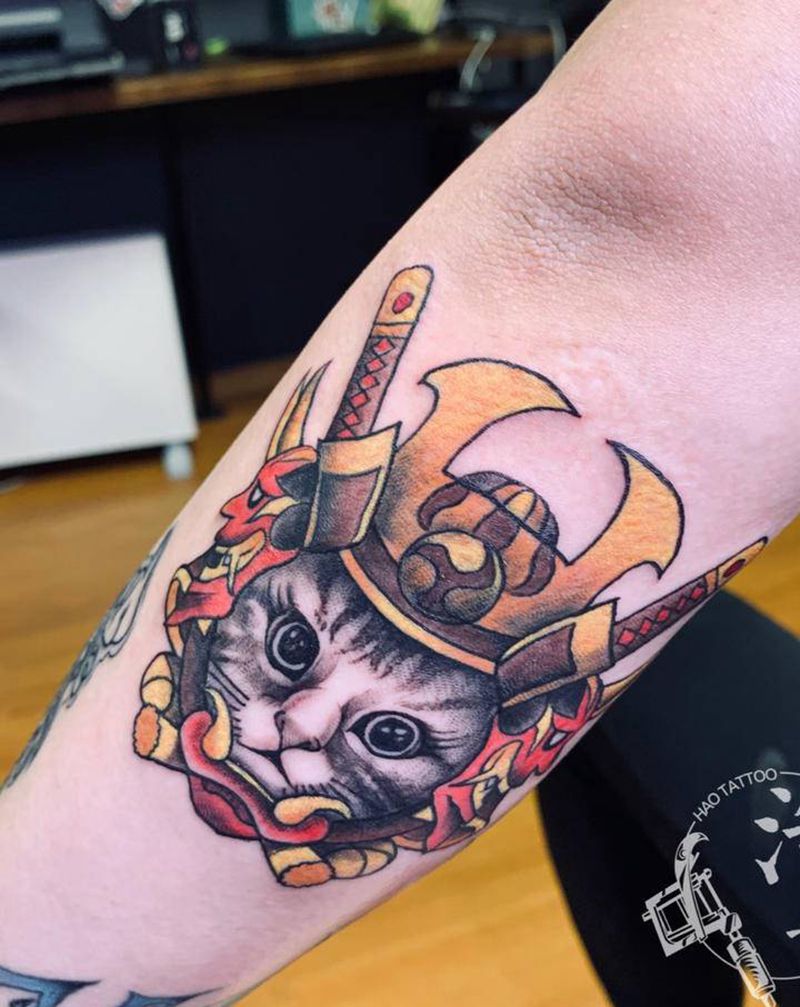 武士猫纹身图片_手臂新传统纹身图案