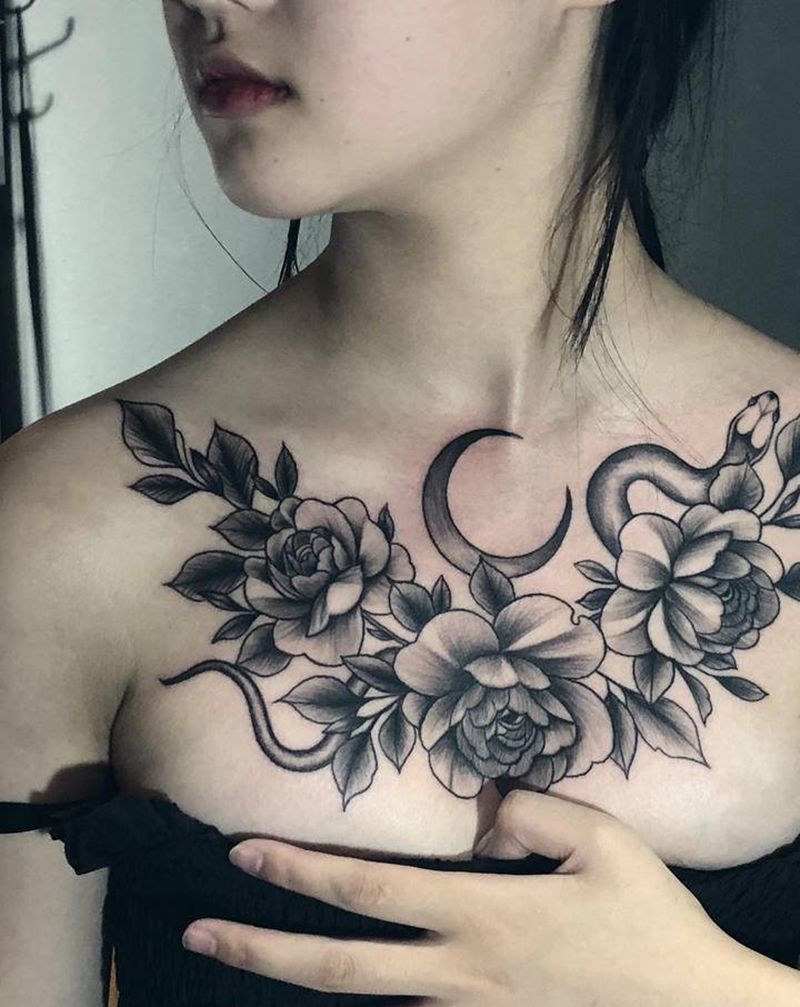 素花花胸纹身纹身图片_胸部背部New School纹身图案