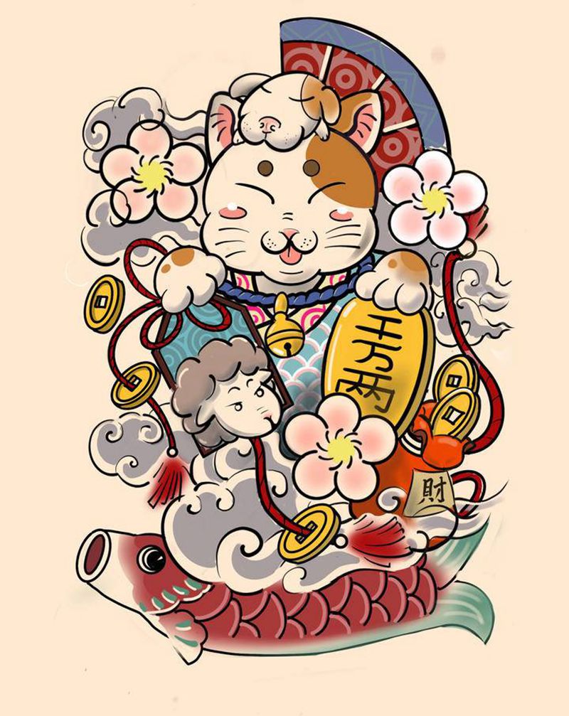 招财猫纹身图片_脚部手臂新传统New School招财猫鱼纹身图案