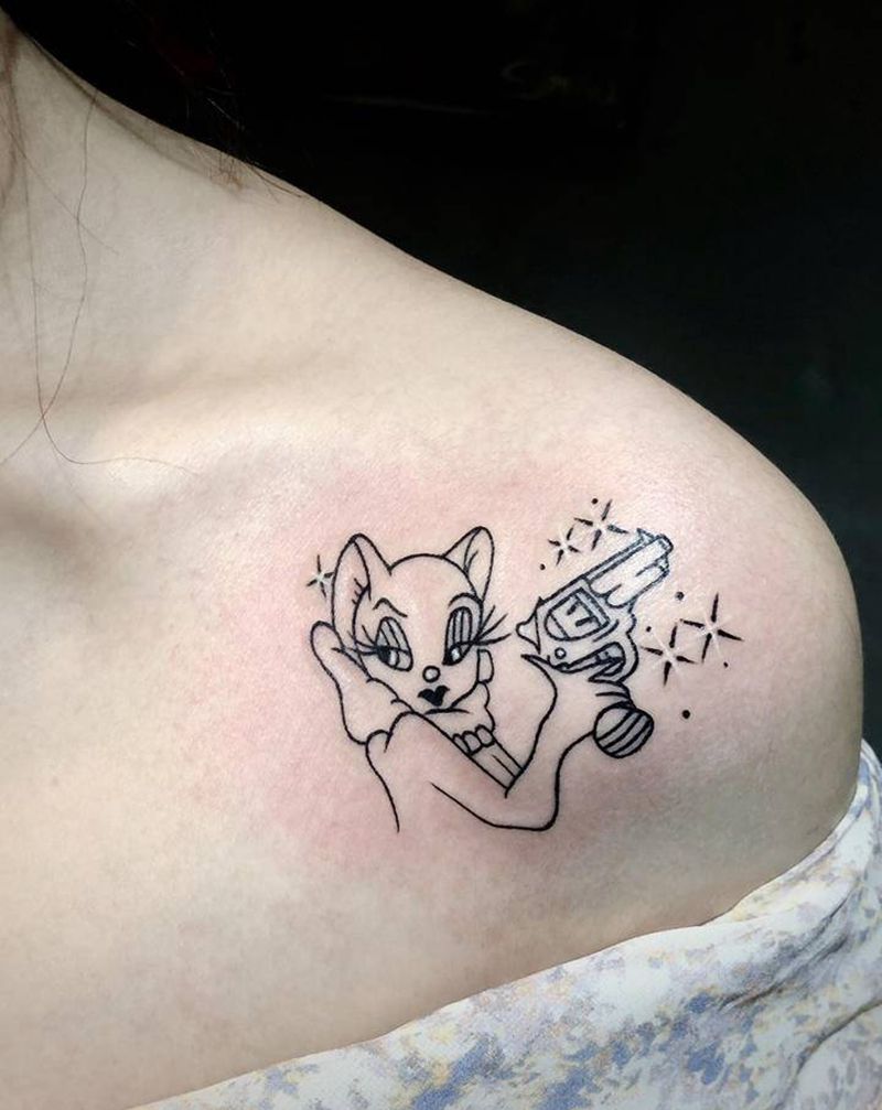 小清新猫咪纹身图片_胸部腿部纹身图案