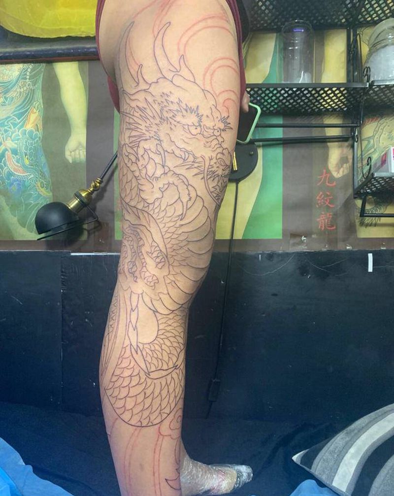 花腿龙纹身图片_新传统纹身图案