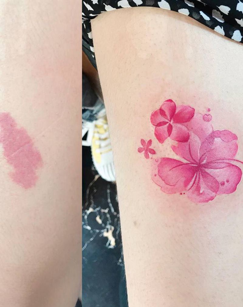 遮盖胎记纹身图片_腿部手臂水彩小清新花纹身图案
