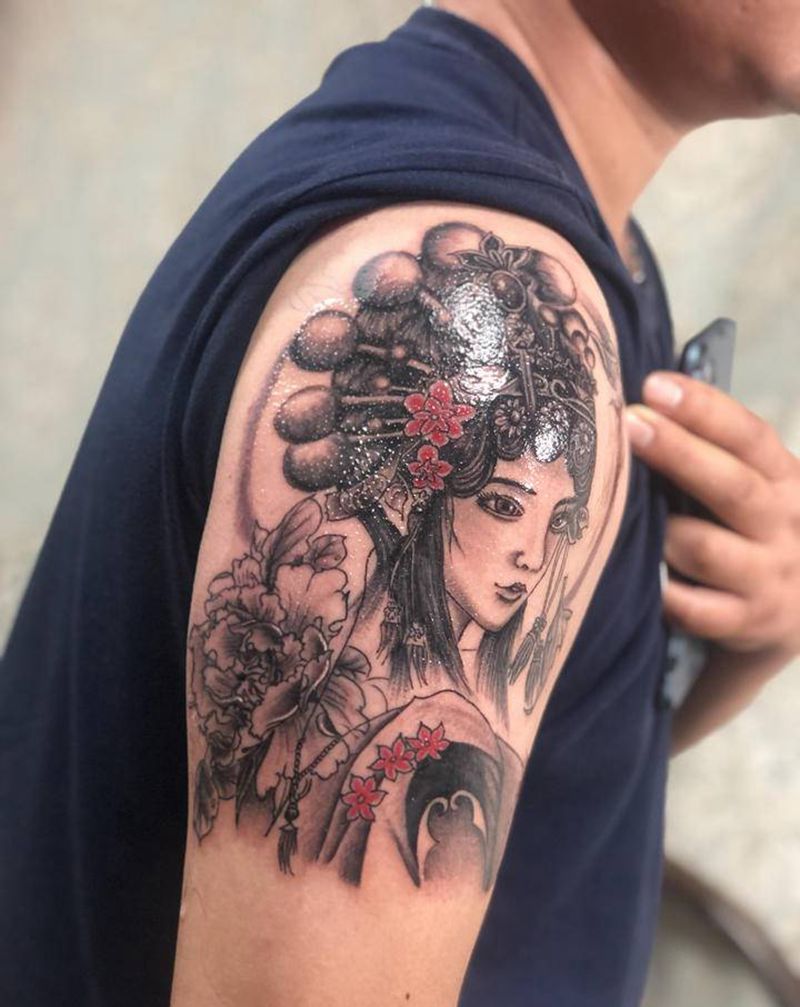 花旦纹身图片_手臂新传统纹身图案