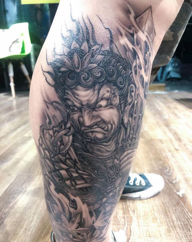 明王恢复后纹身图片_腿部新传统纹身图案
