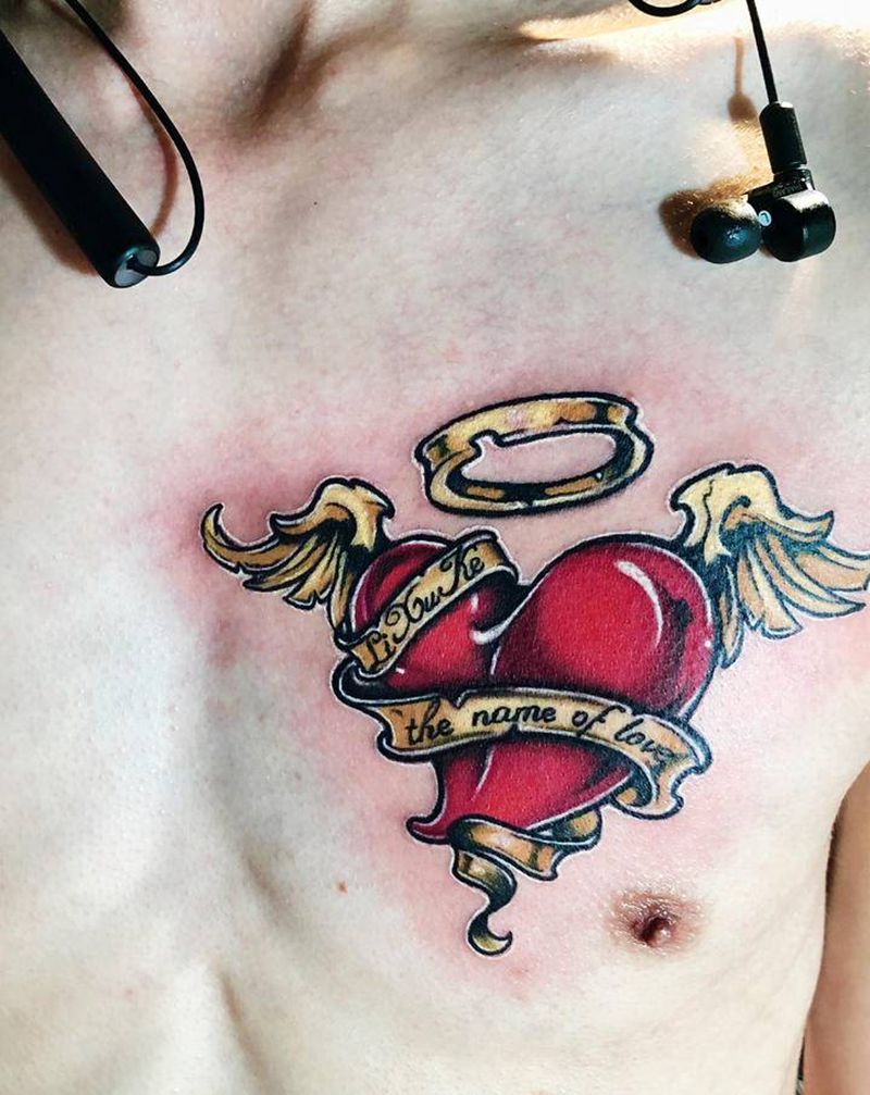 天使的爱纹身图片_胸部背部New School花体字纹身图案