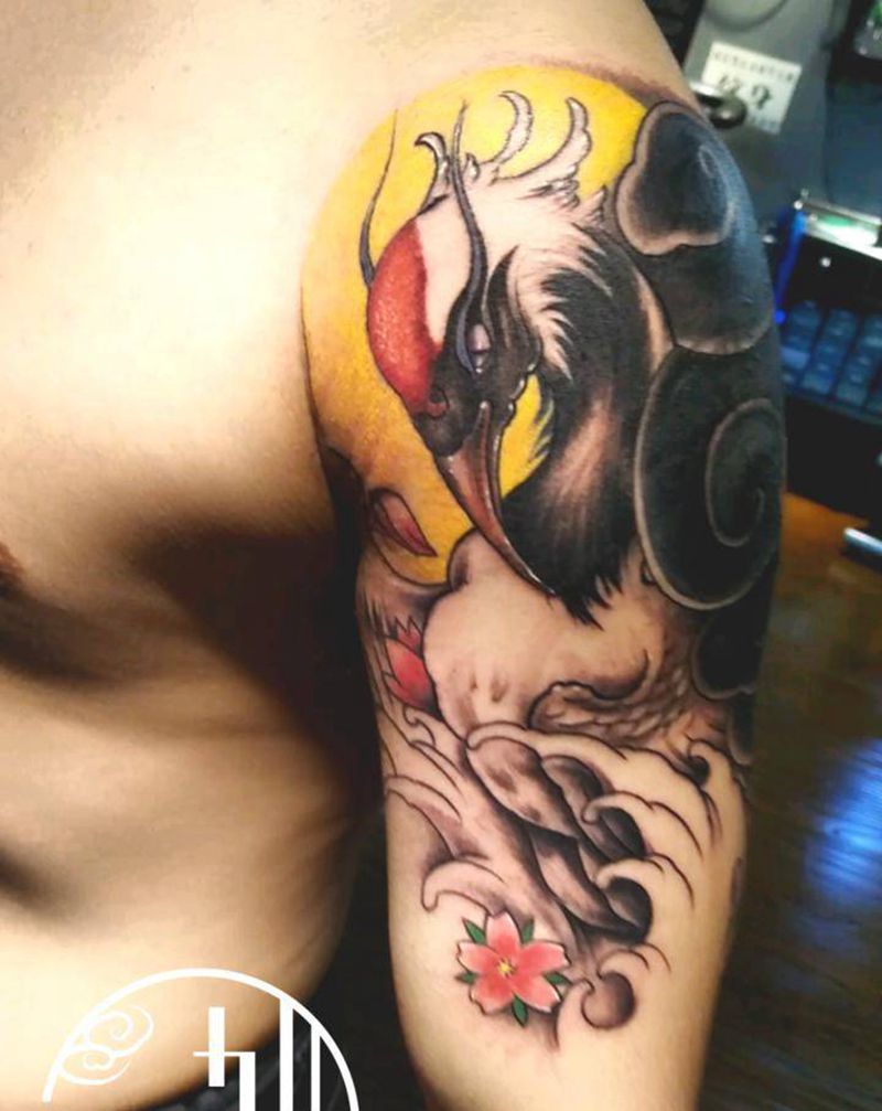 仙鹤纹身图片_手臂新传统纹身图案