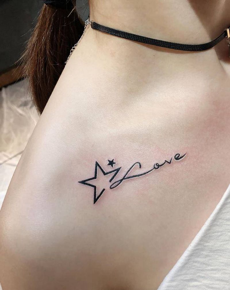 锁骨小清新英文纹身图片_肩部背部花体字几何纹身图案