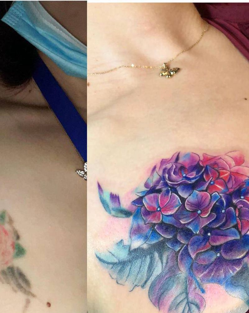 遮盖纹身纹身图片_胸部腿部水彩纹身图案