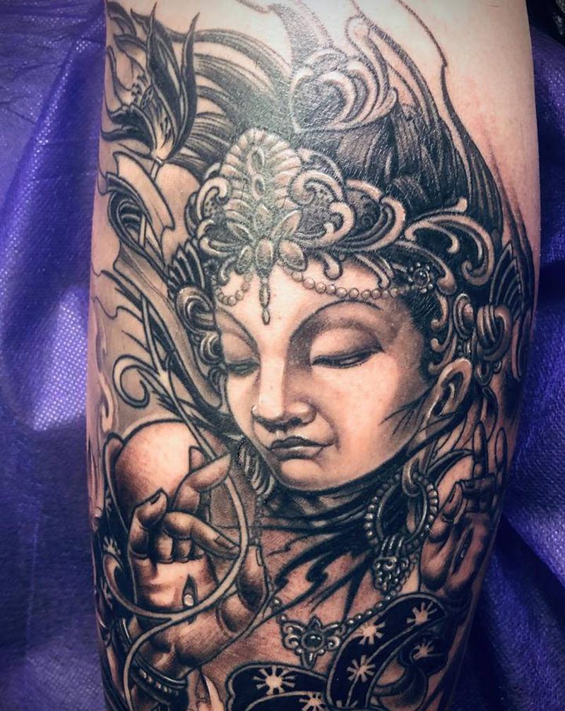 小腿度母纹身图片_腿部新传统纹身图案