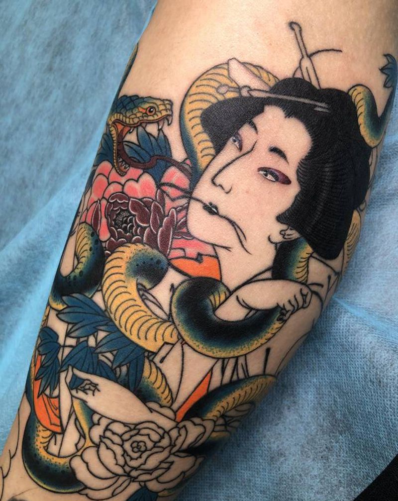 浮世绘未完纹身图片_腿部老传统纹身图案