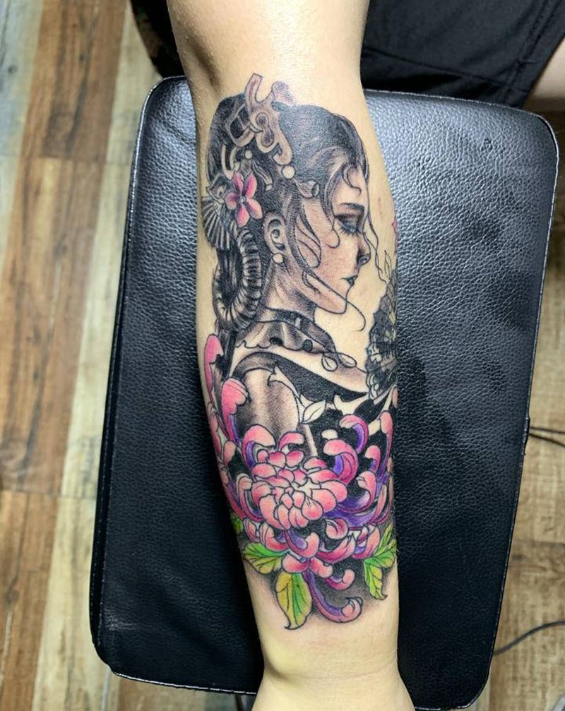 艺妓纹身图片_手臂新传统纹身图案