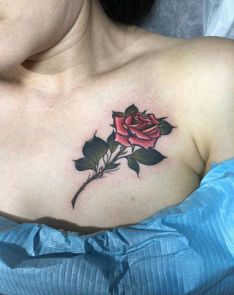 胸口玫瑰花纹身纹身图片_腿部胸部New School纹身图案