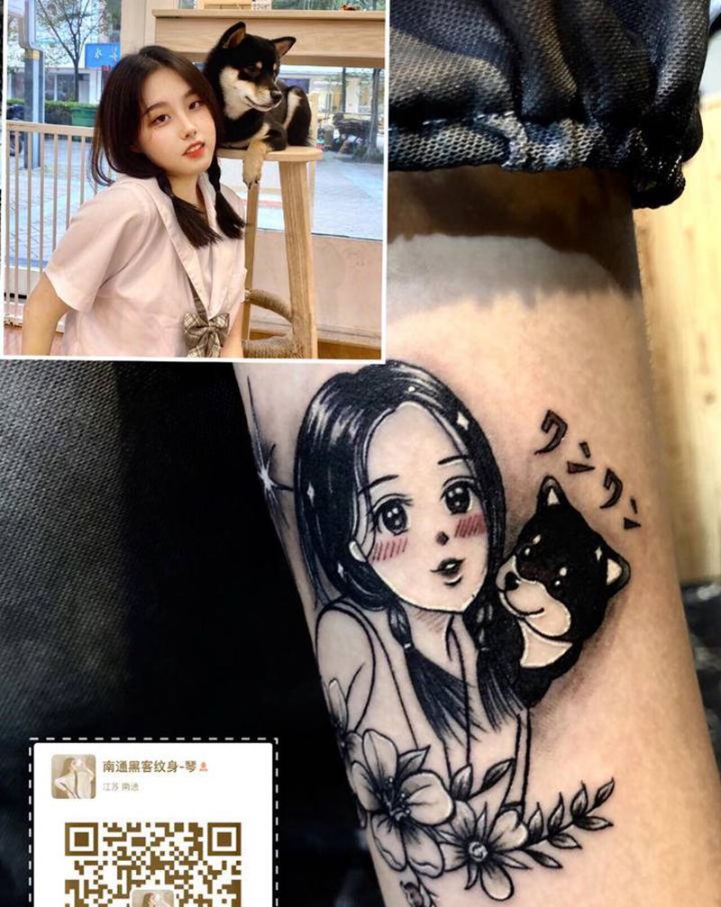动漫版与爱宠的合照印记纹身图片_手臂背部New School纹身图案