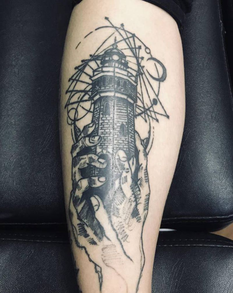 灯塔纹身图片_腿部纹身图案