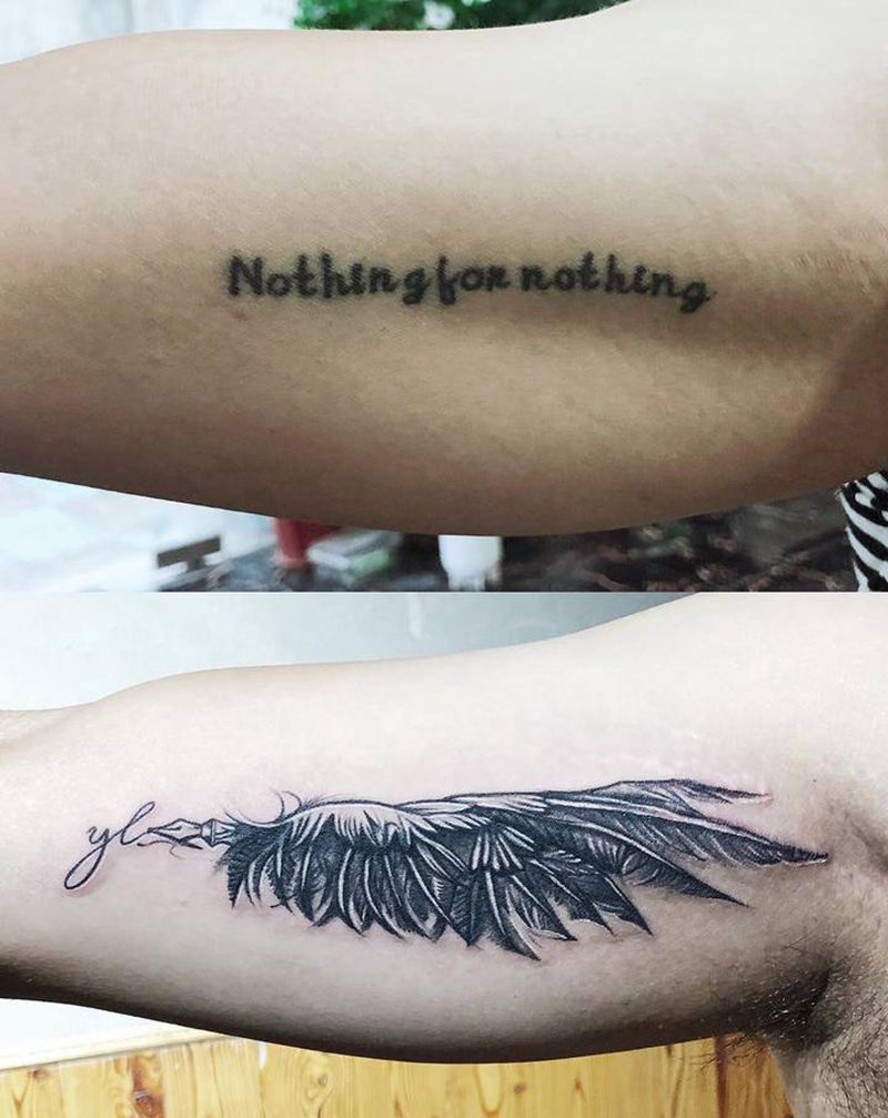 翅膀遮盖作品纹身图片_手臂腿部点刺纹身图案