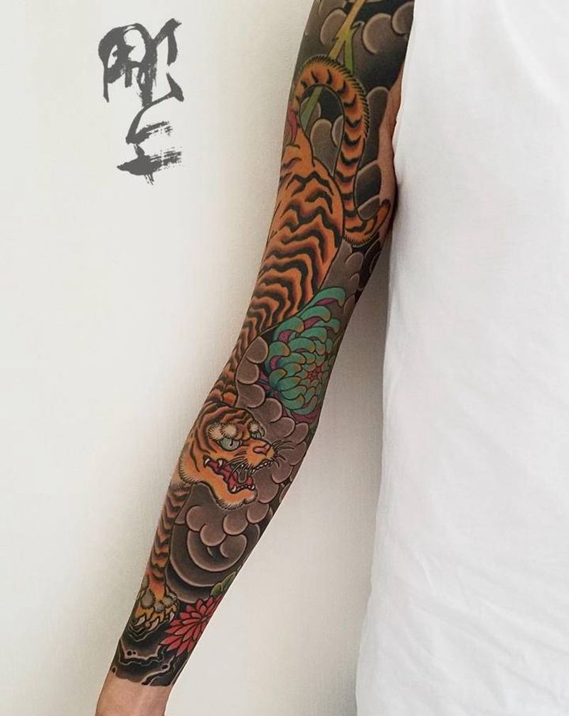 花臂作品纹身图片_手臂背部老传统新传统纹身图案