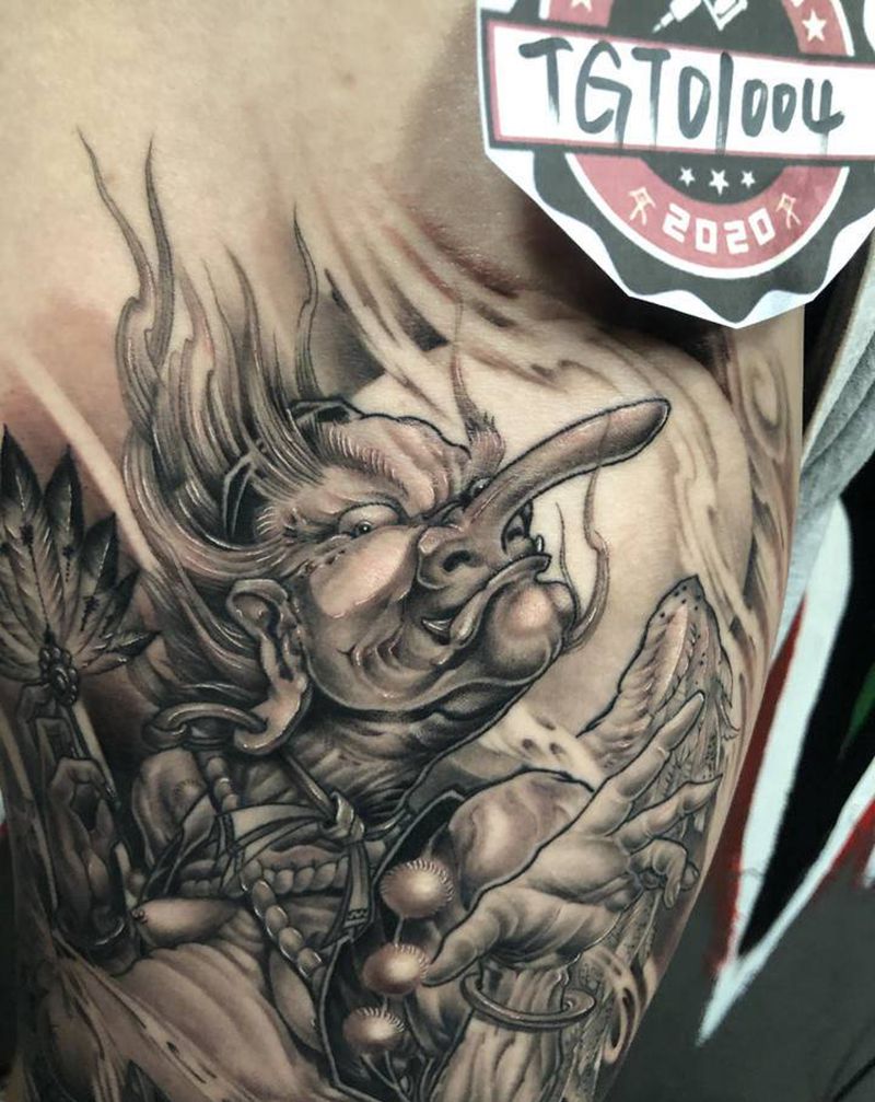 大天狗纹身图片_腿部新传统纹身图案