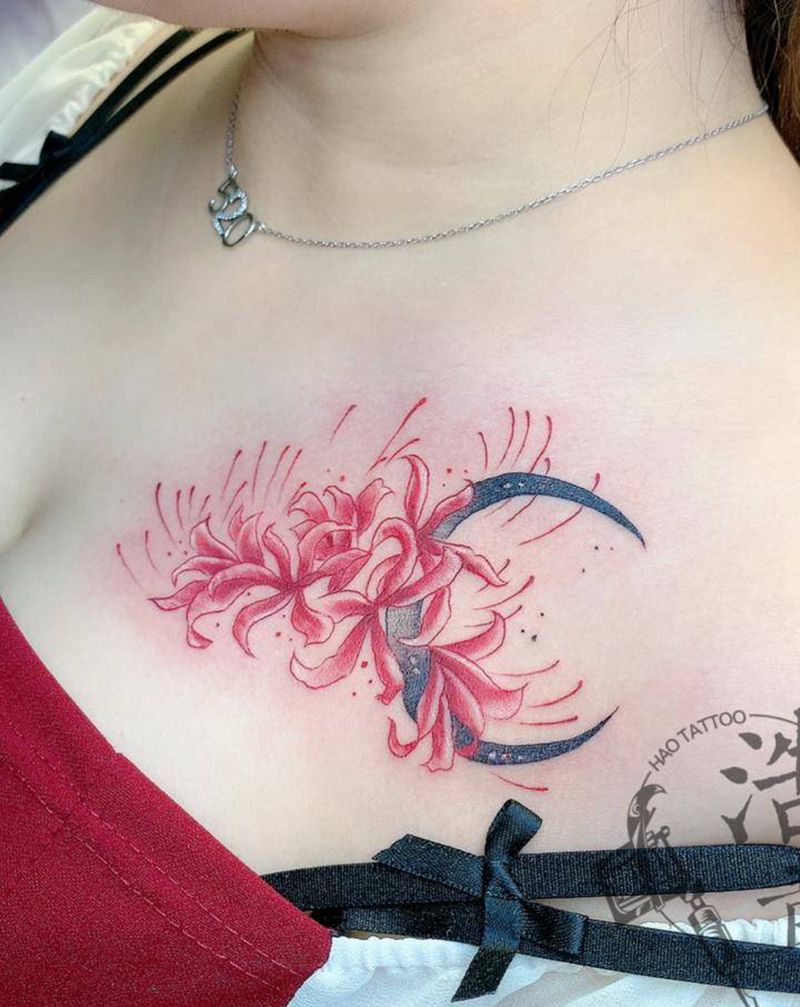 彼岸花纹身图片_肩部水彩纹身图案