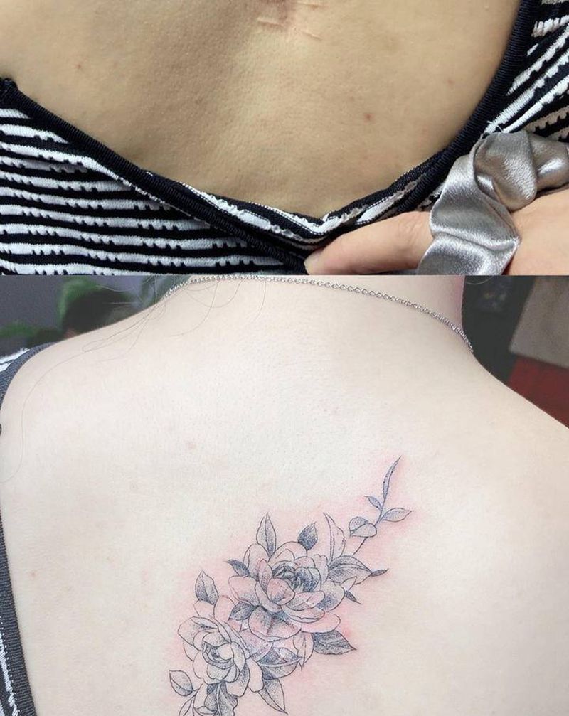 遮疤小图纹身图片_背部素花纹身图案