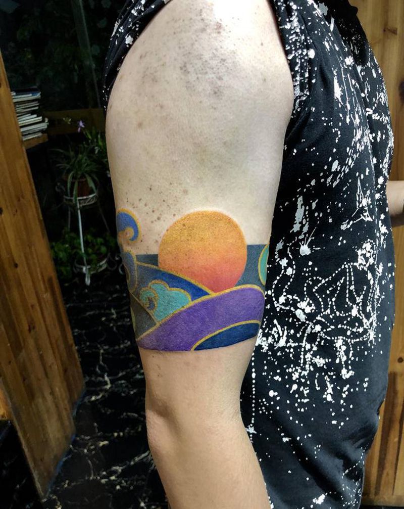 彩色水浪臂环纹身图片_腿部手臂New School纹身图案