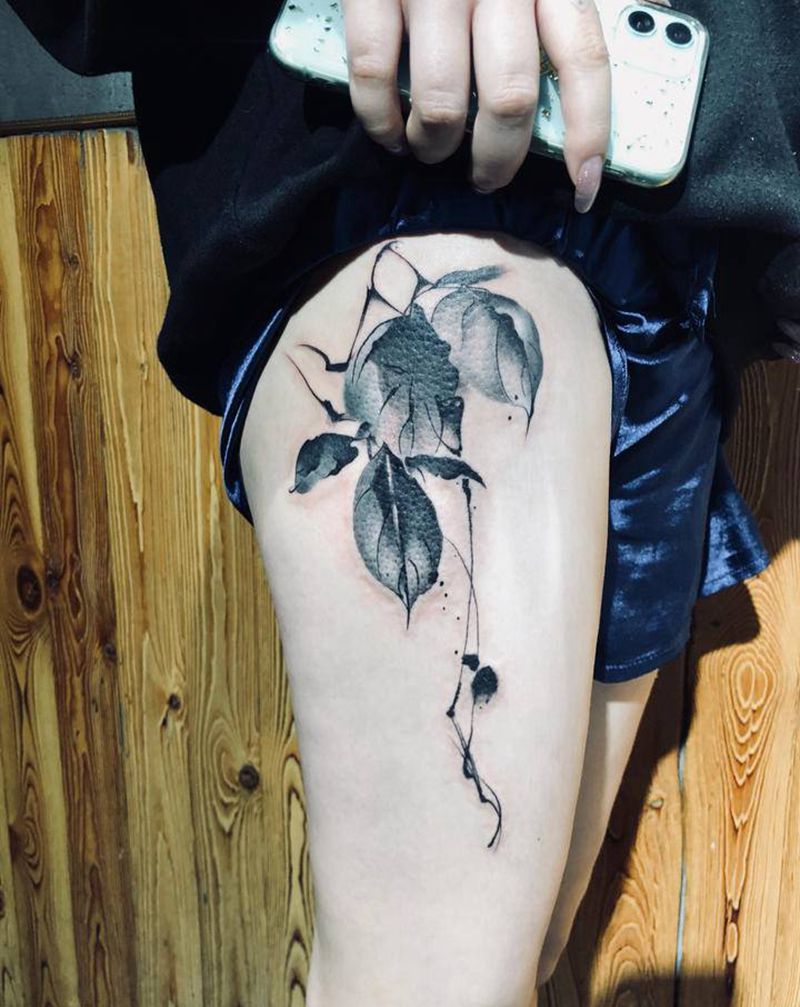 水墨风叶枝纹身图片_手臂腿部水墨纹身图案