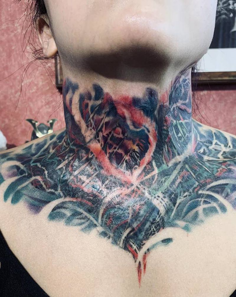 遮盖  烫伤&旧图纹身图片_颈部水彩纹身图案