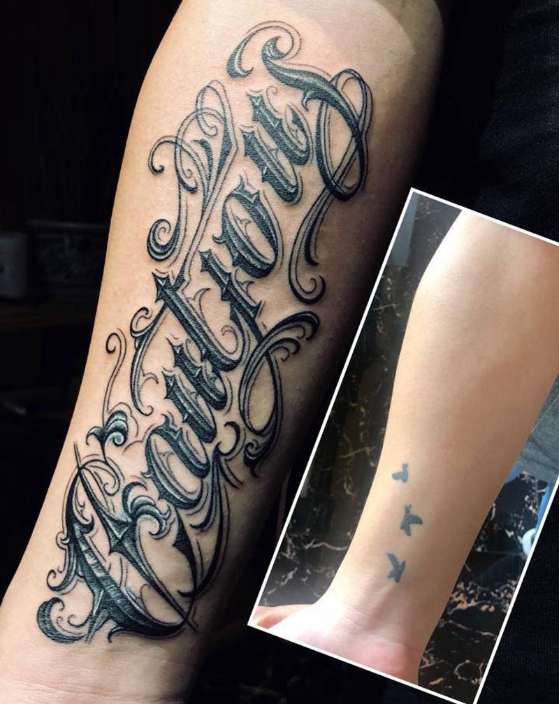 小臂遮盖，奇卡诺花体英文纹身图片_手臂腿部花体字纹身图案