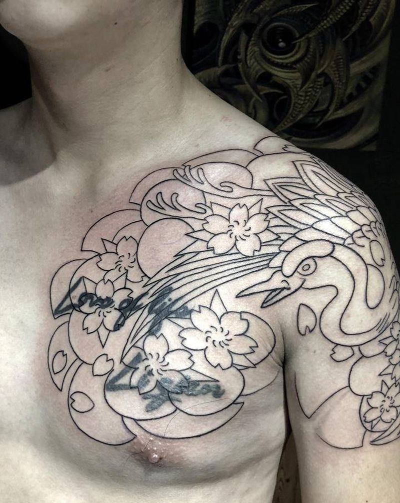 日式传统遮盖线条纹身图片_胸部手臂老传统纹身图案