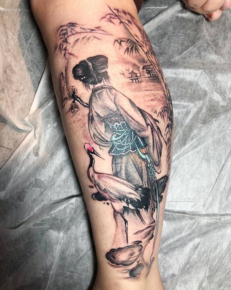 小腿中国风纹身纹身图片_手臂腿部水墨新传统纹身图案