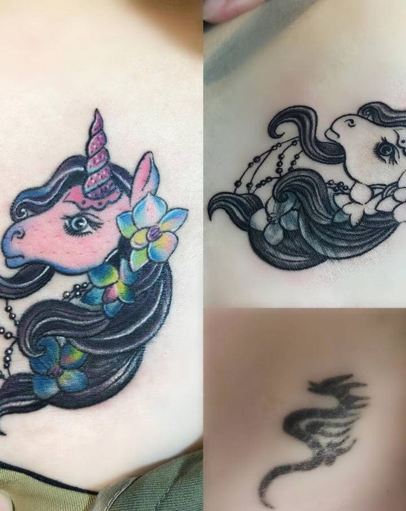 遮盖纹身，独角兽纹身图片_腹部手臂水彩New School纹身图案