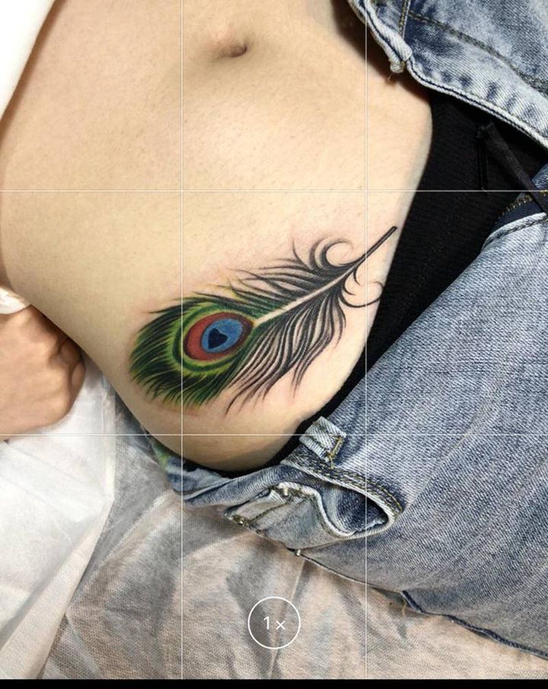 孔雀翎纹身纹身图片_腹部背部New School水彩纹身图案