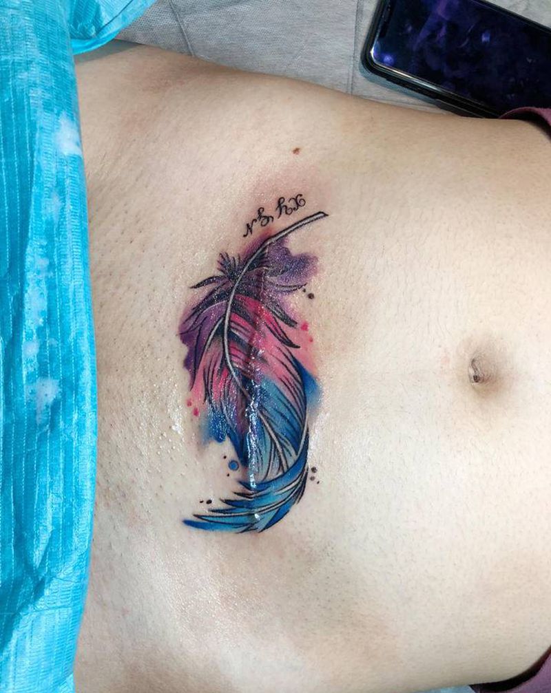 遮盖剖腹产疤痕纹身图片_背部水彩New School纹身图案