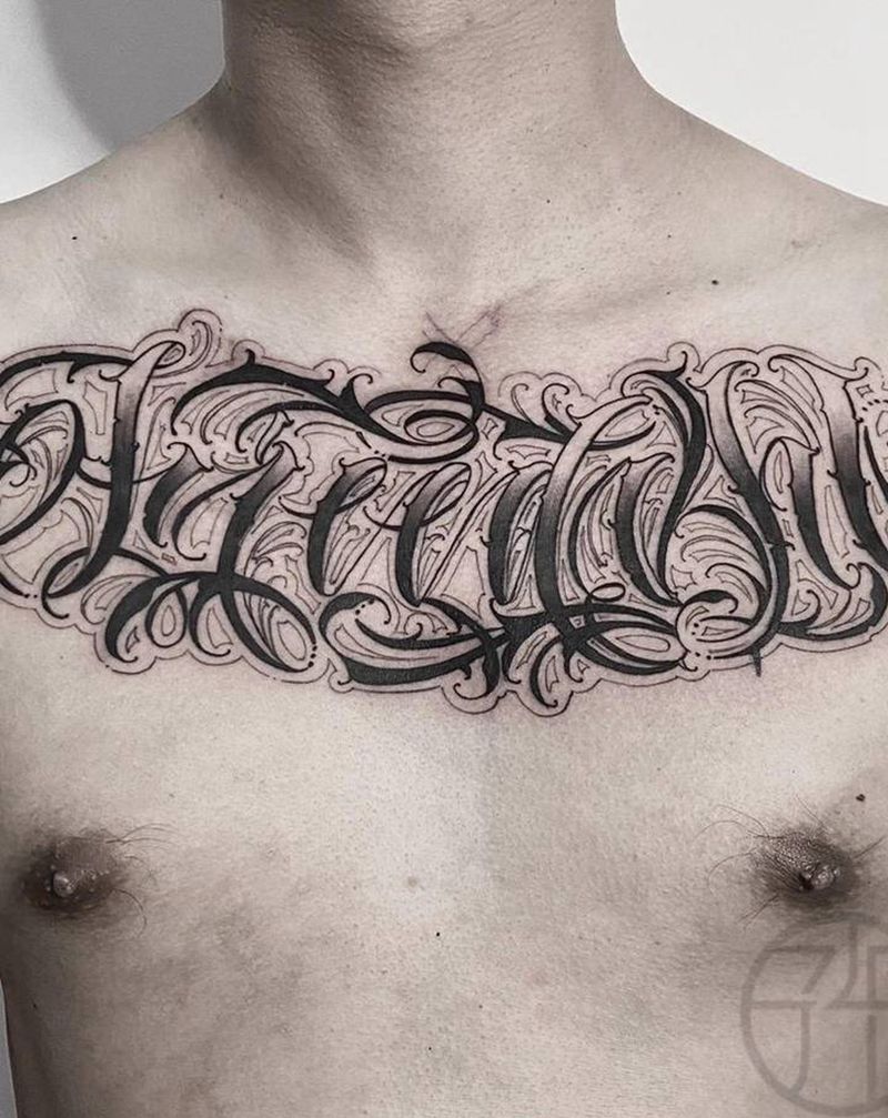 花体字花胸纹身图片_胸部花体字纹身图案