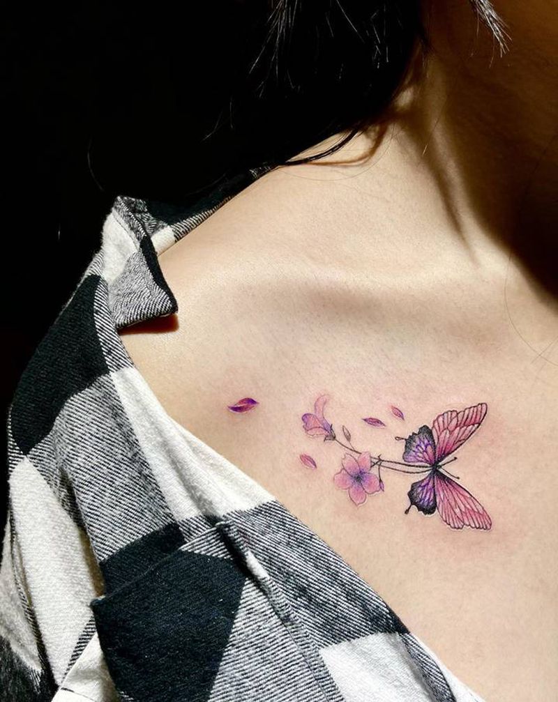 锁骨小清新蝴蝶花朵纹身纹身图片_背部胸部水彩New School纹身图案