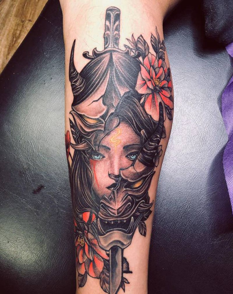 般若面具纹身图片_腿部新传统纹身图案