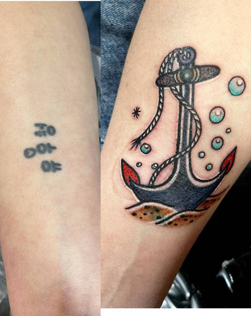 船锚遮盖纹身作品纹身图片_手臂腿部Old School纹身图案