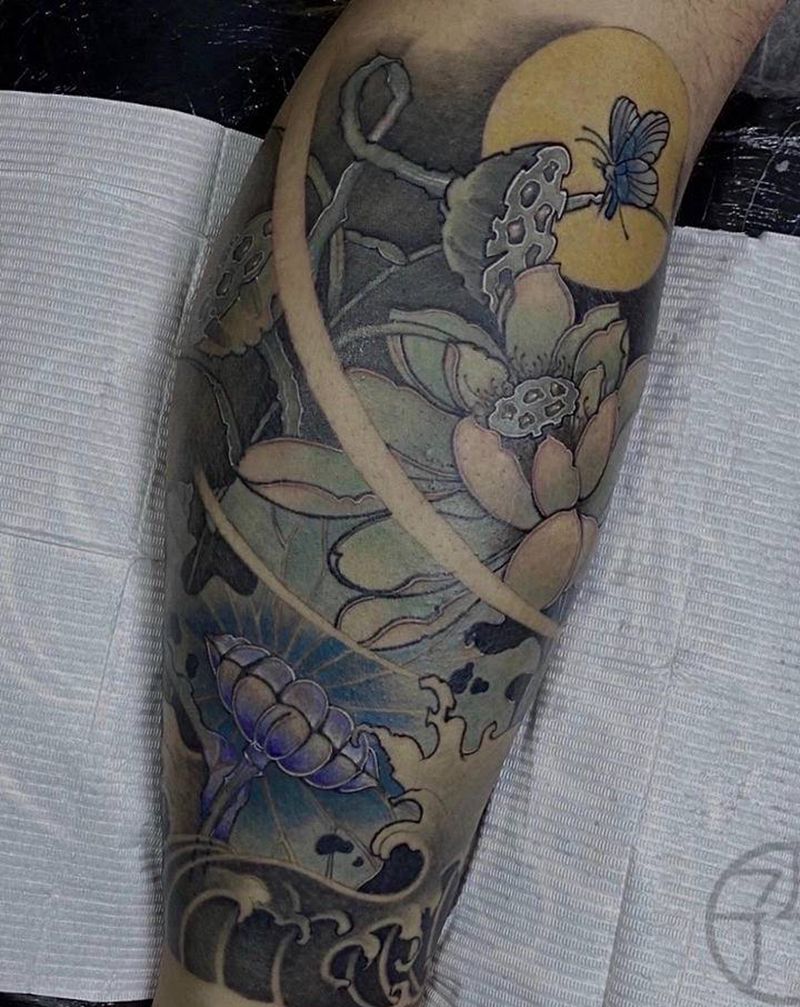 传统 莲花纹身图片_腿部新传统纹身图案