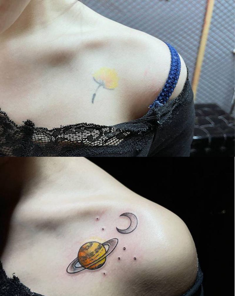 小清新遮盖作品纹身图片_背部胸部水彩纹身图案