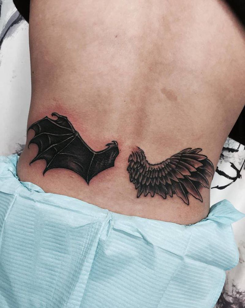 恶魔天使翅膀纹身图片_腰部欧美写实纹身图案
