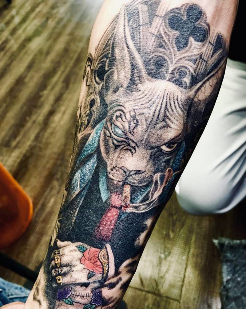 猫纹身图片_手臂点刺纹身图案