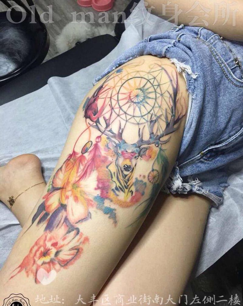 捕梦网纹身图片_腿部水彩纹身图案