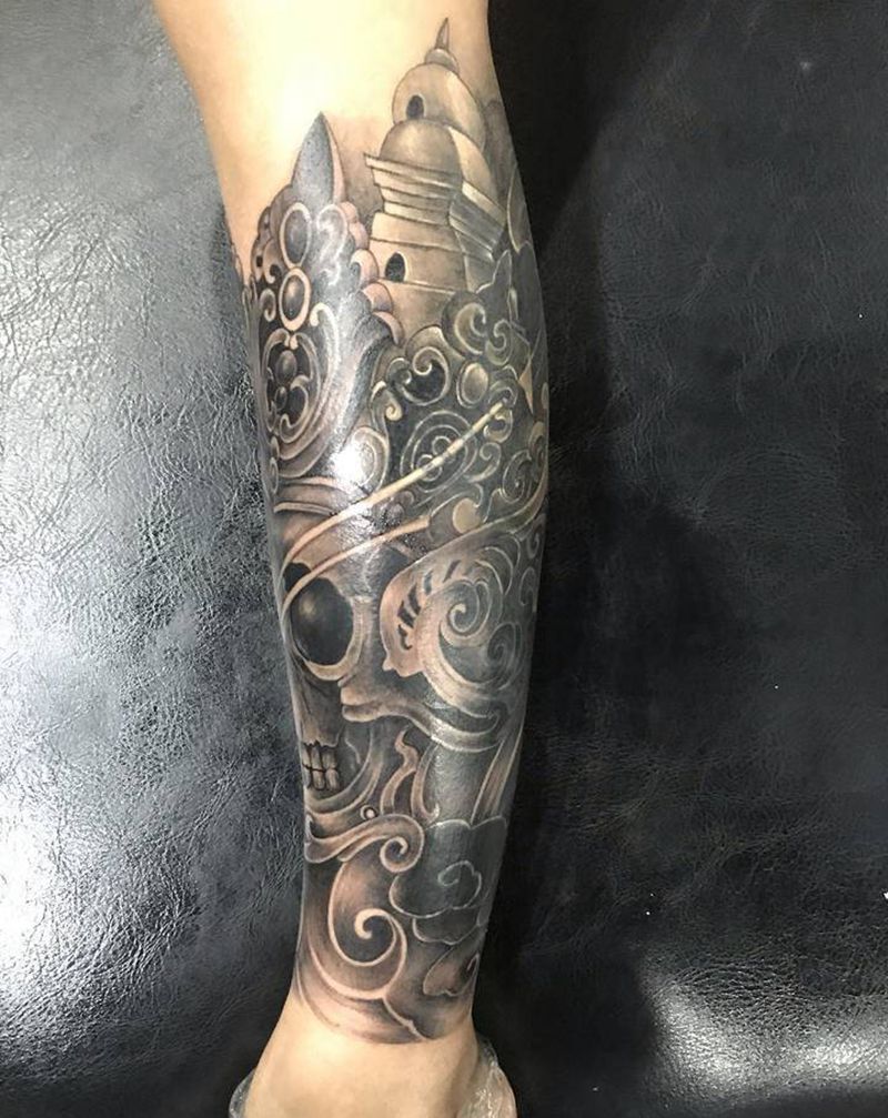 嘎巴拉纹身图片_腿部新传统纹身图案