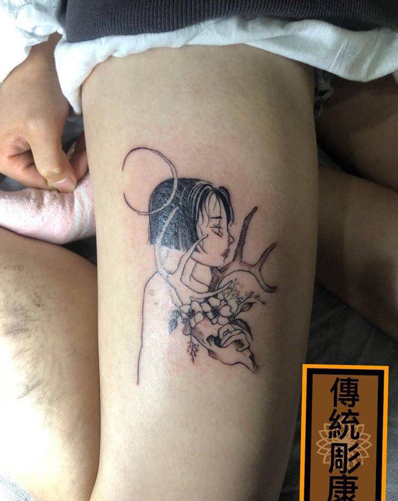 少女的梦纹身图片_腿部点刺纹身图案