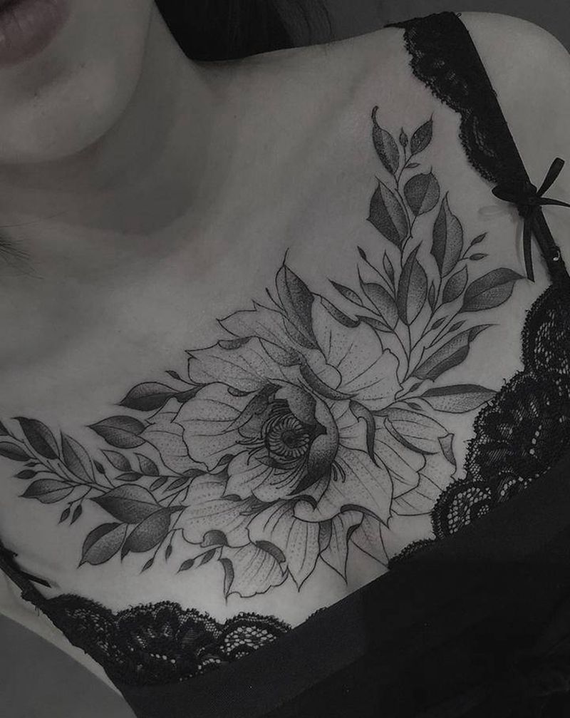 素花胸纹身图片_胸部点刺纹身图案