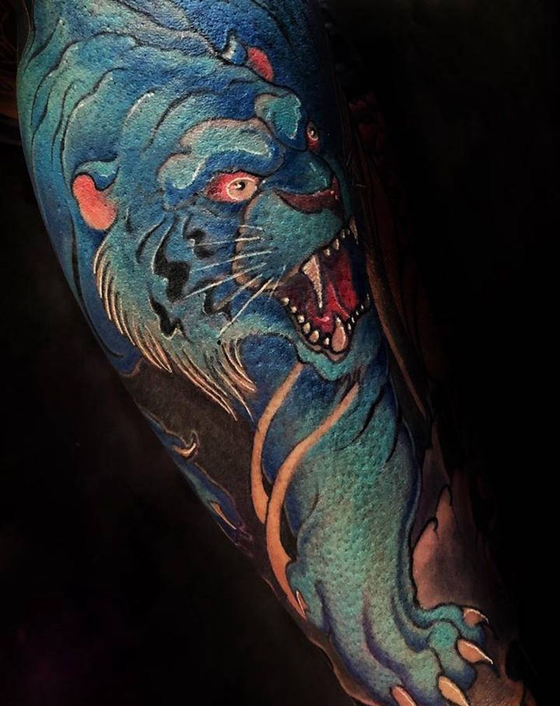 虎纹身图片_腿部新传统纹身图案